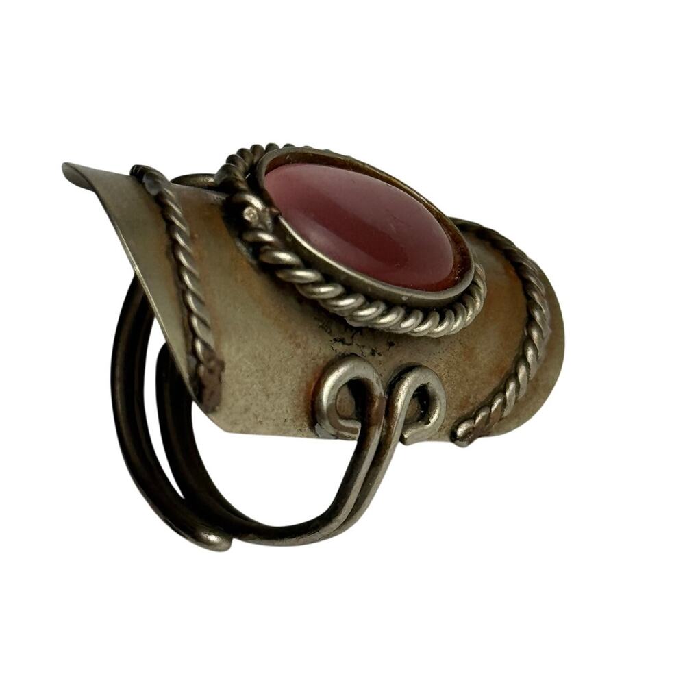 Vintage Style Adjustable Shield Ring Silver Tone Pink Oval Stone Boho Statement